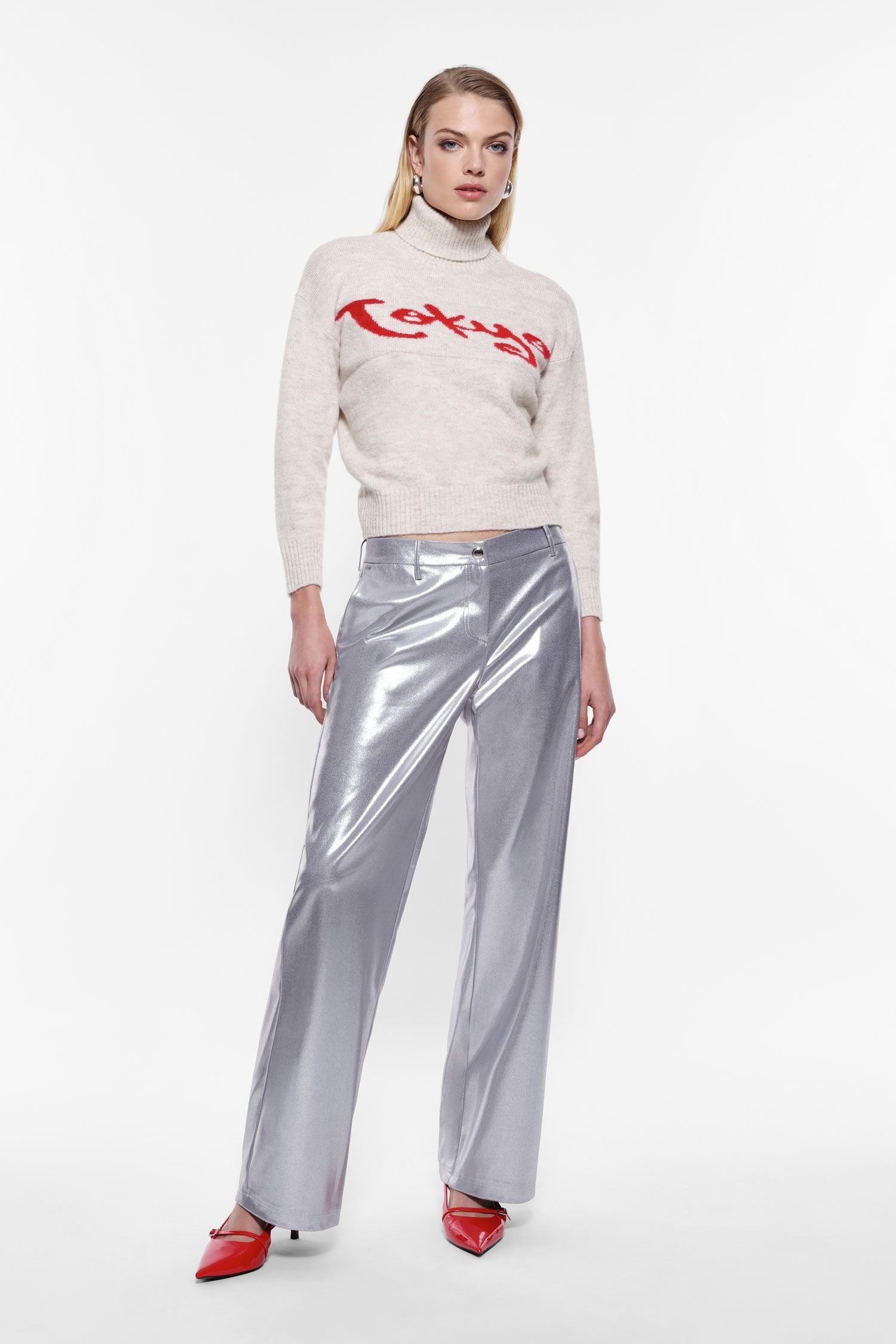 Metallic effect straight trousers