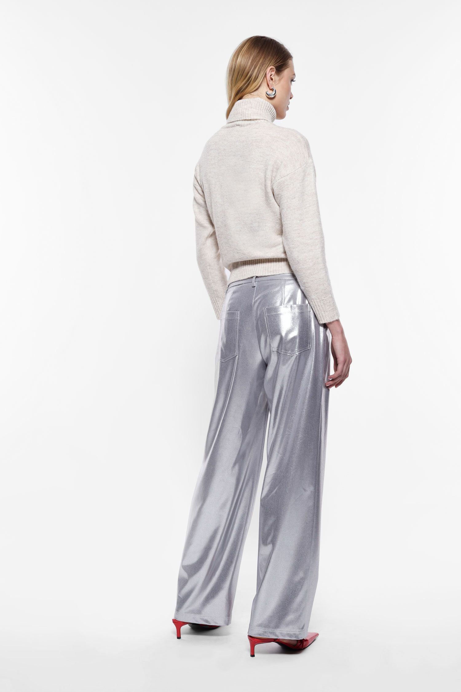 Metallic effect straight trousers